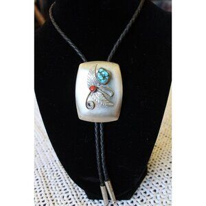 Sterling Silver Turquoise & Coral stones Navajo Bolo Tie Leather cord 39.5 grams